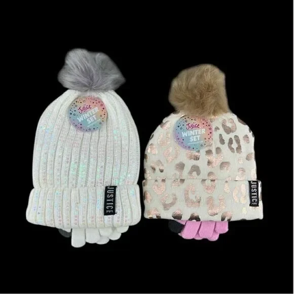 Girls Justice Ribbed & Full Print Winter Cozy Beanie and Gloves 2, 2-Piece Set