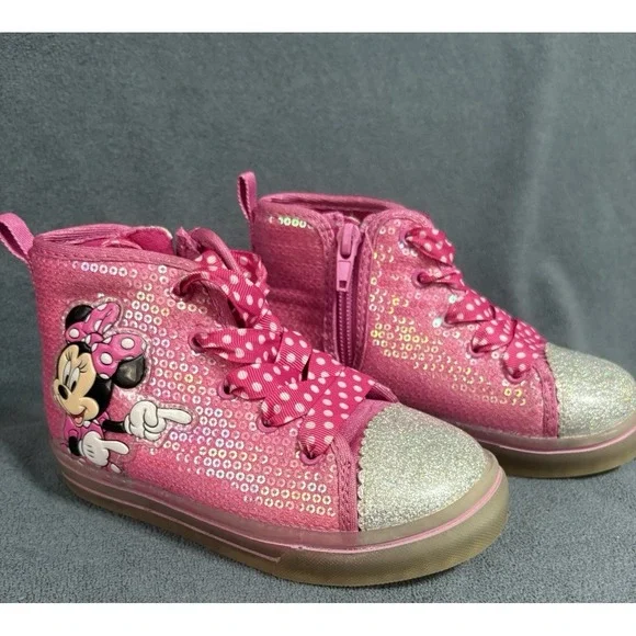 Disney Minnie Mouse High Top Light Up Size 9 Toddler ‎ Zip Lace Up Sequin Pink