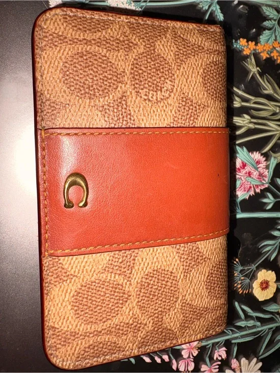 Coach Brown Signature Canvas Phone Folio with Orange Leather Band