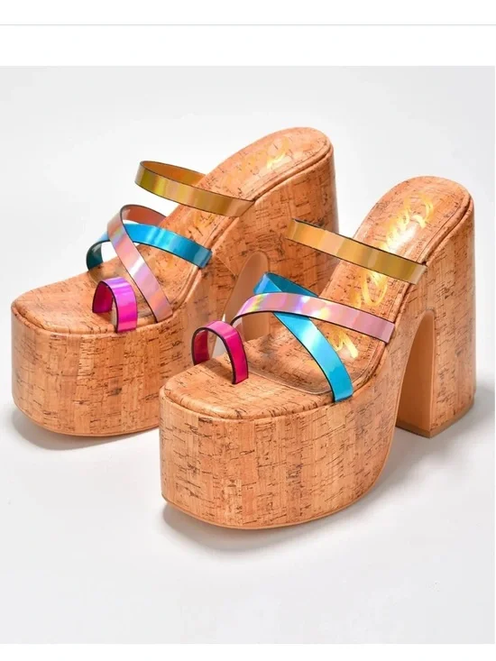 Cape Robbin Women’s Elci Cork 5” Platform Wedges Iridescent Multi-Color Sz 6 NWB
