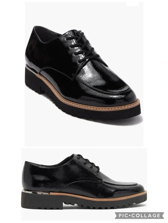 Franco Sarto Charles Black Patent Derby Lug Sole Shoe 11 Preppy Quiet Luxury