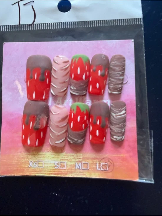 Handmade Acrylic Strawberry Chocolate Press-On Nails - Red, Brown & Pink