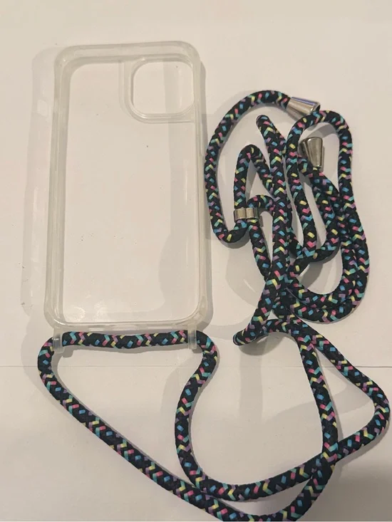iPhone 14 Clear Phone Case with Black Multicolor Braided Strap - Universal