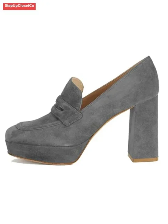 Women Chunky High Heel Platform Loafers Suede 4