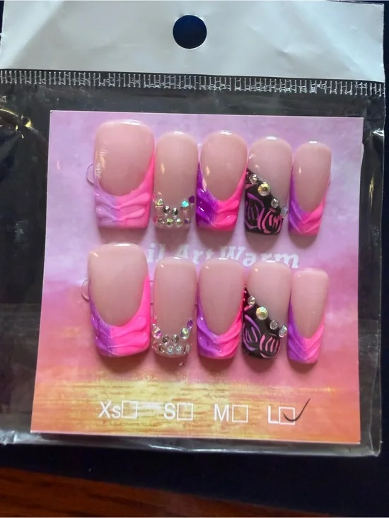 Handmade acrylic Pink and Purple Rhinestone Press-On Nail Set