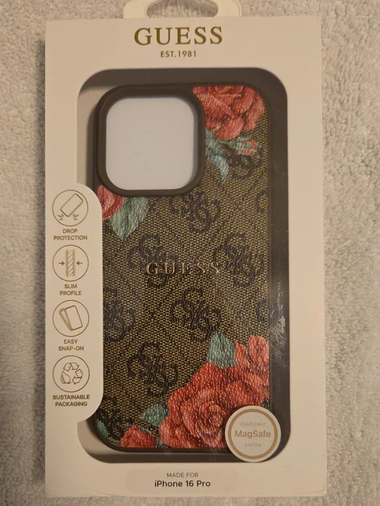GUESS Brown Monogram iPhone Case with Red Floral Accents