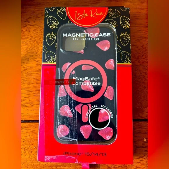 Black Magnetic iPhone Case with Red Strawberry Design