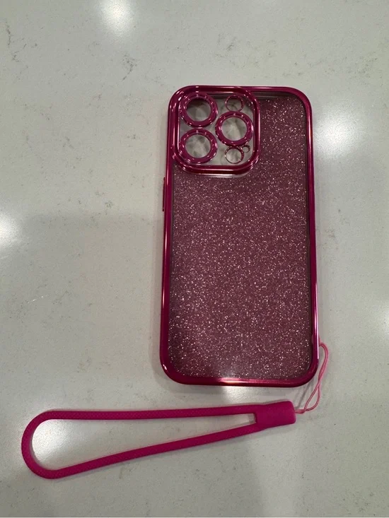 Pink Glitter Phone Case with Wrist Strap- for iPhone 15 Pro