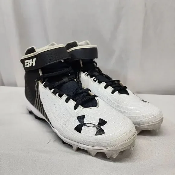 Under Armour Men's 11.5 Harper 4 Mid Rm Baseball Shoe white and black Cleats