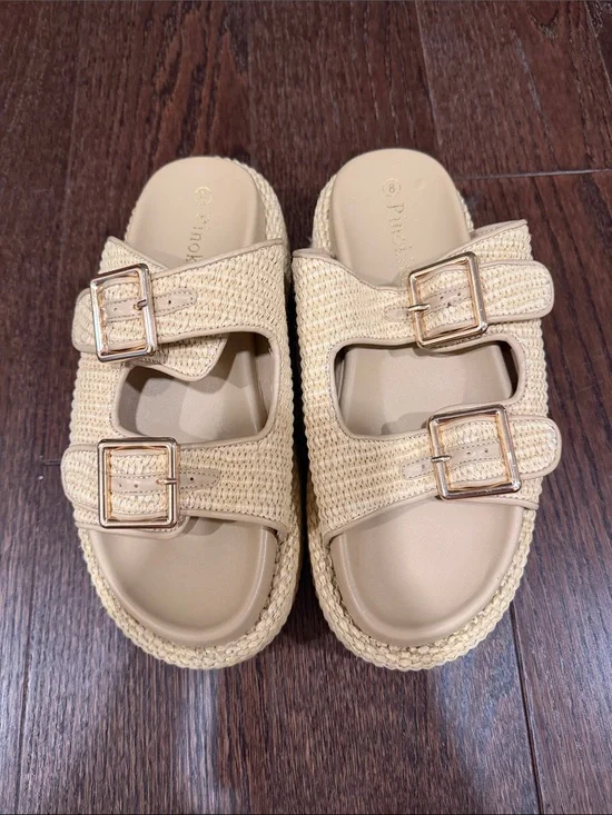 Amazon Beige Kids' Double Buckle Sandals with Gold Buckles