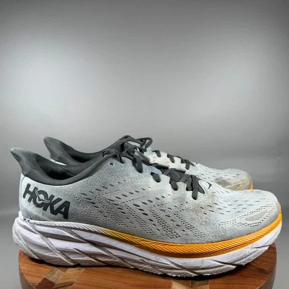 Hoka One One Clifton 8 Mens 15 Grey Orange Road Running Shoes Low Top Sneakers