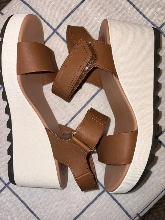 Sorel Brown Leather Platform Sandal with White Sole