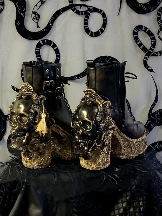 Hand Crafted Black and Gold Skull-Heel Platform Boots - Women
