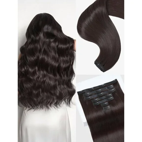 Clip Ins Hair Extensions Human Hair Dark Brown 100g 7 Piece Seamless