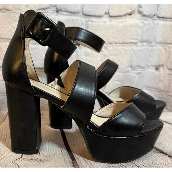 Sugar Baddie Black Platform Block Heel Sandals‎ Ankle Strap Womens 6.5M
