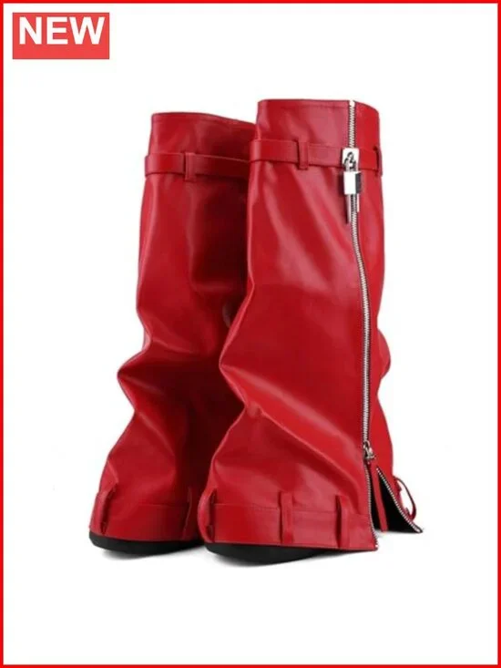 Women's Knee High Fold Over Slouch Platform Wedge Boots Faux Leather Wide Width