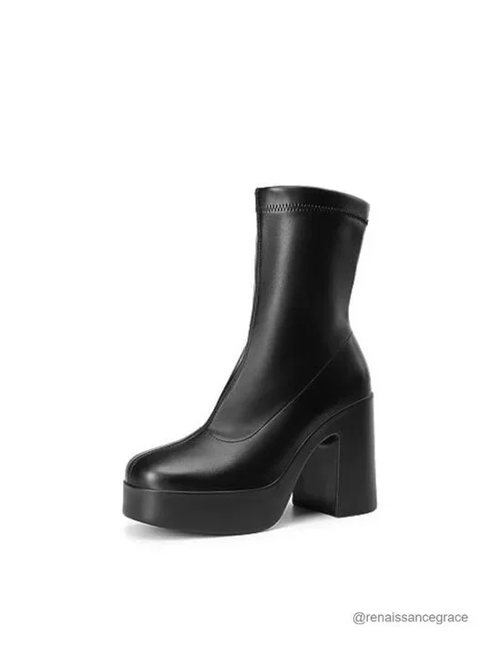 Platform Ankle Boots Chunky Square Toe Zip Booties
