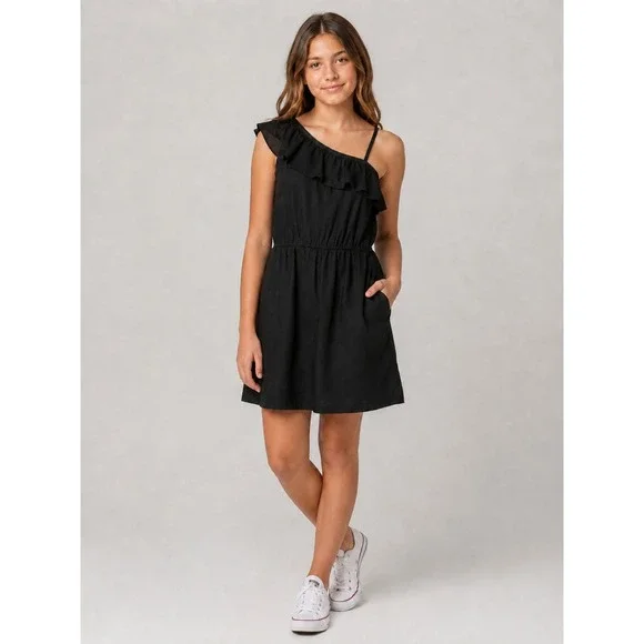 NWT Old‎ Navy Girls Black One Shoulder Ruffle Romper XL 14-16 Linen Blend