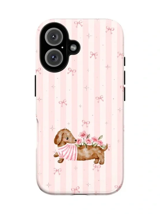 Cute Pink Dog Phone Case - Floral Stripe Design