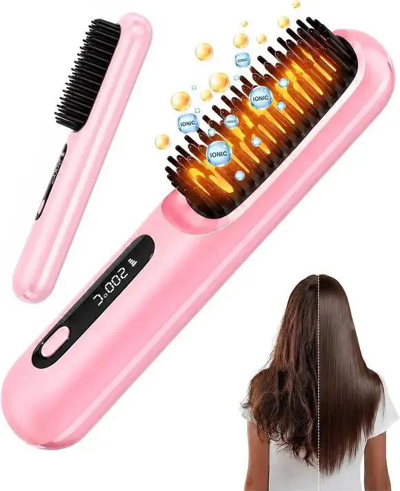 New Nufcufy Go Brush Pro Cordless Ionic Hair Straightener Brush (Pink)