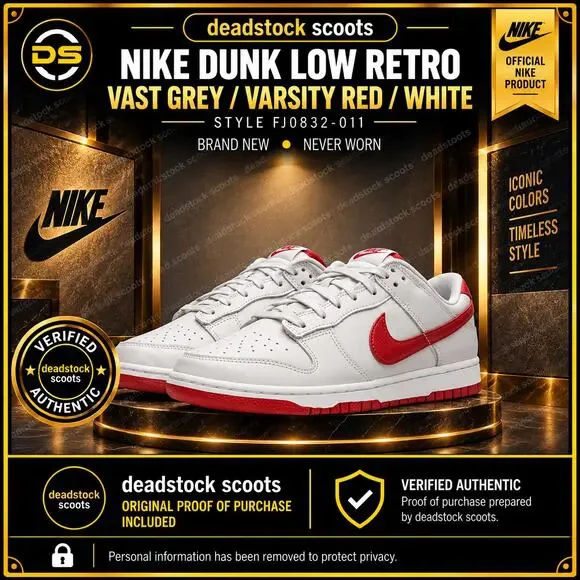 Nike Dunk Low Vast Grey Varsity Red White Size 12 FJ0832-011 New Never Worn
