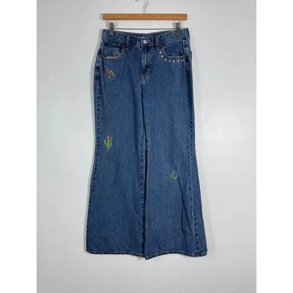 Western Boho Old Navy Kids 18 Baggy Flare Jeans Blue Embroidered Cactus Flower