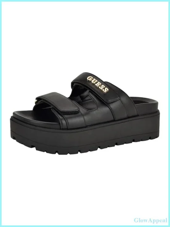 Faux Leather Slide Sandals with Dual Hook-and-Loop Straps and Cushioned Footbed