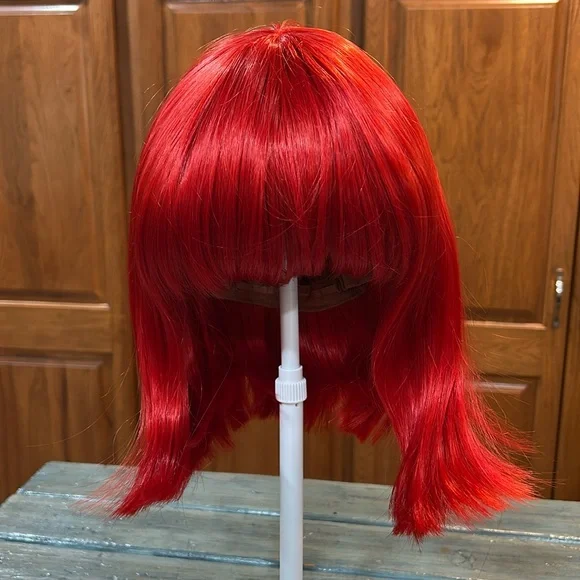 NWOT Red Medium Length Synthetic Wig w/ Bangs Open Mesh Cap Adjustable Strap