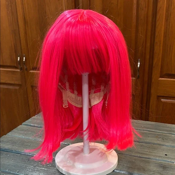 NWOT Bright Pink Synthetic Wig w/ Bangs Open Mesh Cap Adjustable Strap