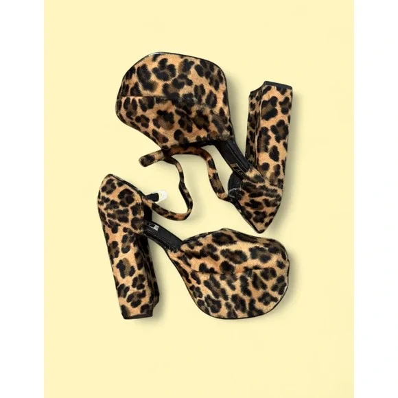 Too Sexy Leopard Print Faux Fur Platform Block Heels Ankle Strap Pumps 7.5