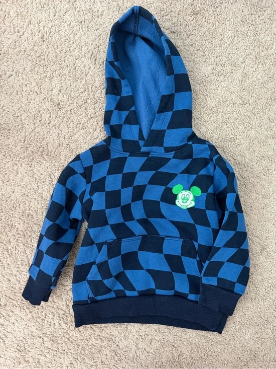 Old Navy Blue and Navy Checkerboard Hoodie with Green Mouse Patch