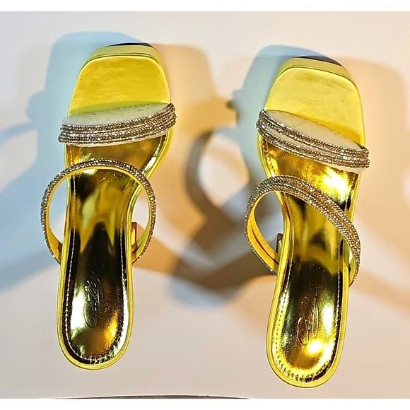 DDK Yellow Synthetic Platform Mule Heel Rhinestone Straps Square Toe Slip On 7.5