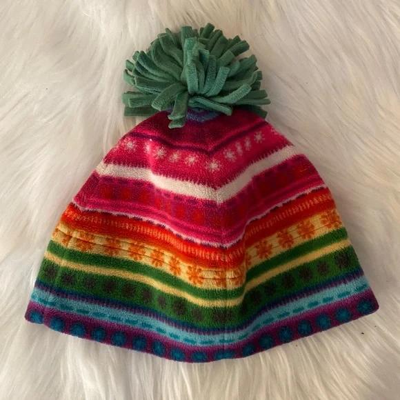 Old navy, multi color rainbow fleece hat with pom pom on the top