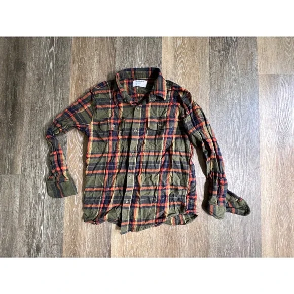 Old‎ Navy Flannel Shirt Kids Size L 10-12 Olive Green Orange Plaid Button Down