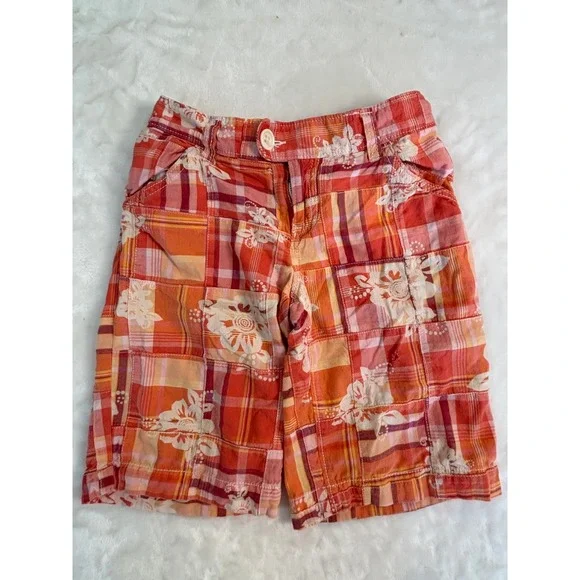 Old Navy Girls Orange Pink Patchwork Plaid Floral Hibiscus Shorts‎ Size 12
