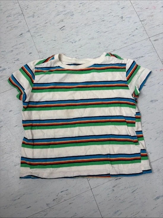 Striped Crewneck Kids Tee in White, Green & Blue - Unbranded
