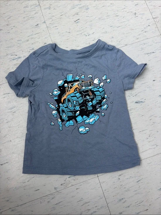 Old Navy Slate Blue Tee with Orange & Light Blue Monster Truck Graphic