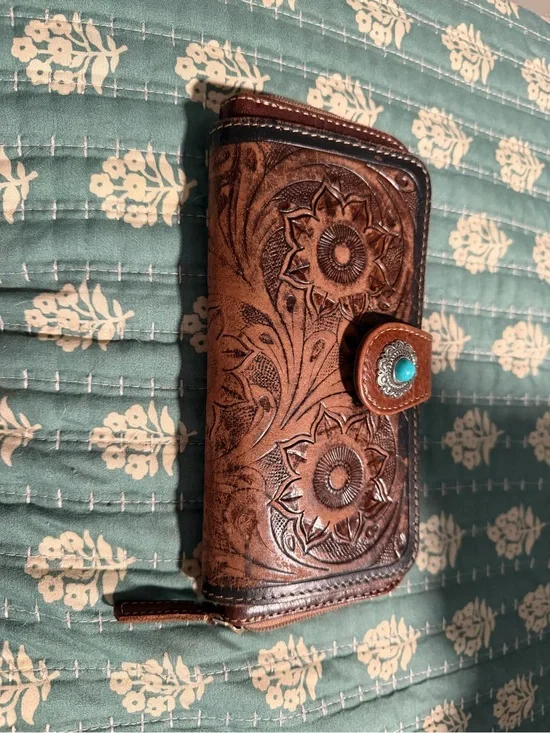 Brown Floral Tooled Leather Phone Wallet Case with Turquoise Accent