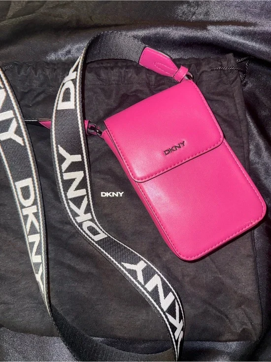 DKNY Hot Pink Crossbody Phone Bag with Branded Black Strap