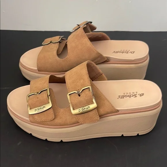 Dr. Scholl’s Tan Brown Casual Platform Slide Sandals w Buckle Straps, Size 6.5M