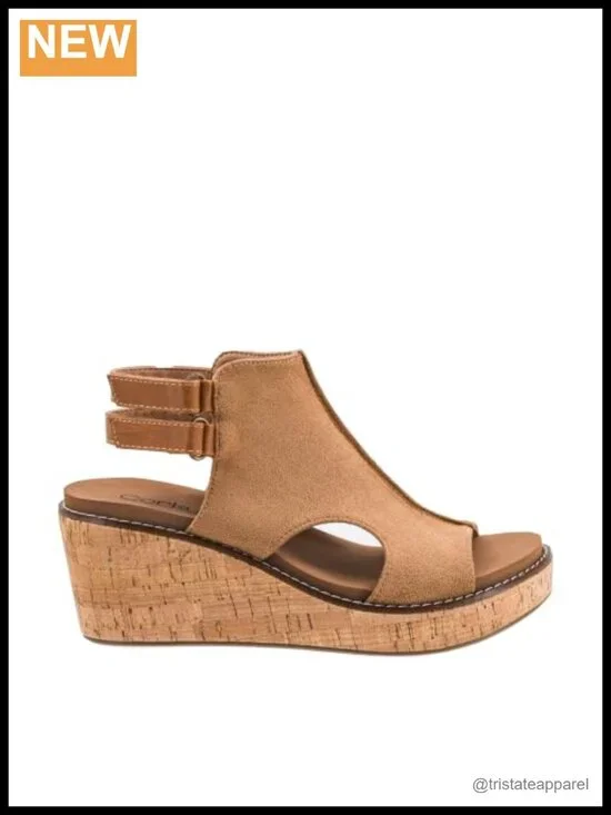 Corkys Faux Suede Wedge Sandal Peep Toe Platform Adjustable 2.5