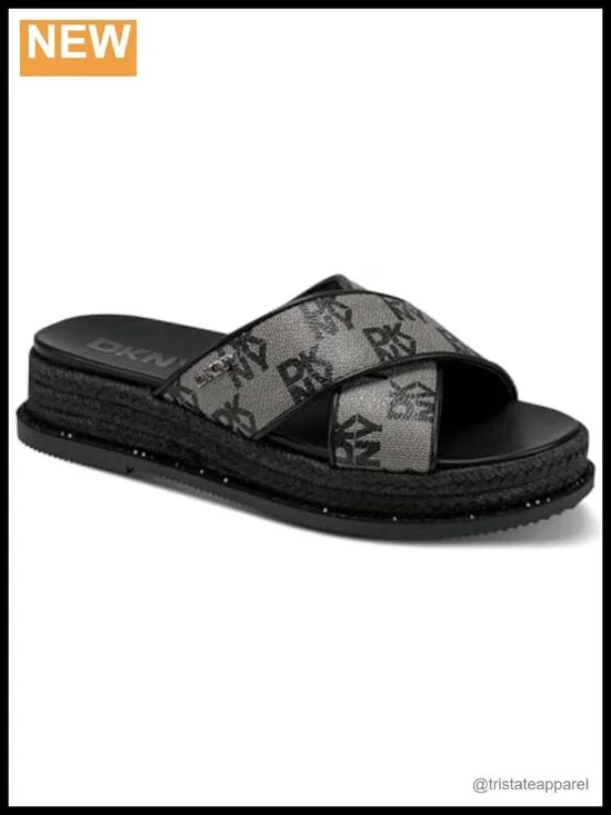 Criss Cross Espadrille Platform Sandal With Logo, Slip On Wedge, Ankle Strap