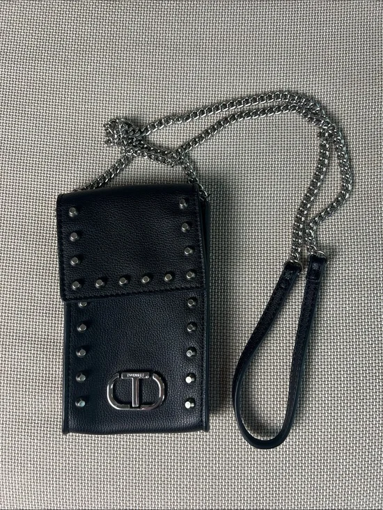 Twin-Set Black Leather Studded Crossbody Phone Case with Silver Chain
