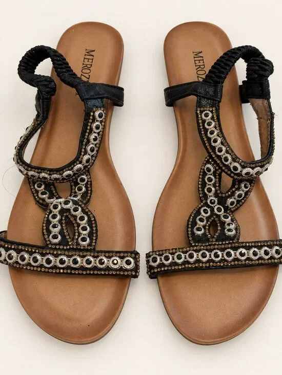 Merozzi Black Metallic Embellished Strappy Flat Sandals