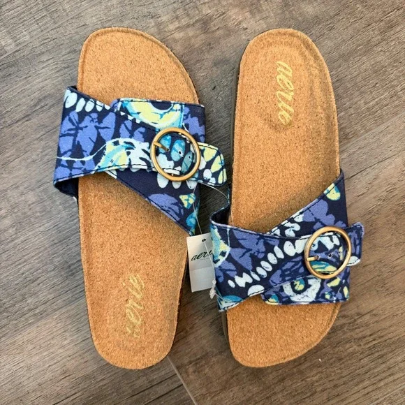 NEW Aerie Womens 6 Floral‎ Buckle Slide Sandals Blue Yellow Cork Beach Coastal