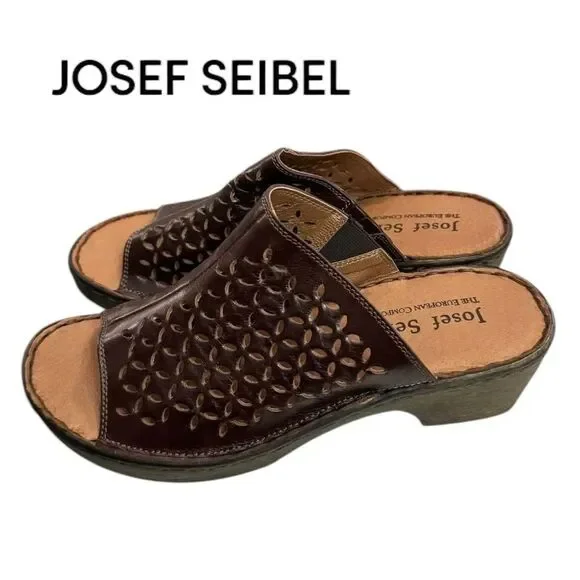 New Josef Seibel Rebecca 25 Women Brown Leather Slide Platform Sandals. 37 6 6.5