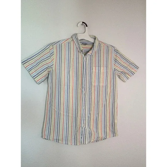 Old Navy Boys XL 14-16 Short Sleeve Button Down Shirt Multi Color Stripe Cotton