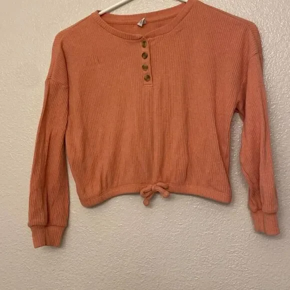 Old Navy oversized orange cozy ribbed long sleeve knit henley top shirt S 6-7