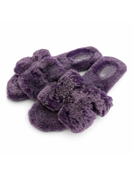 Hermes Oran H Motif Sheepskin Fur Flat Sandals Purple
