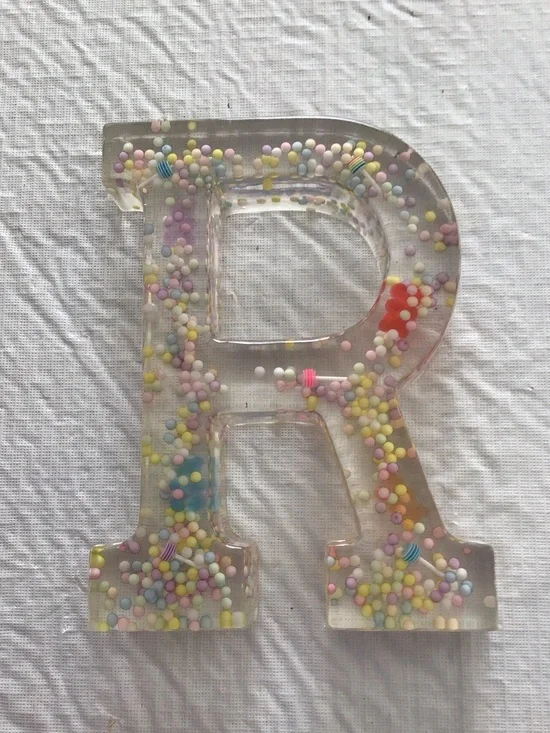 Clear Resin Letter R with Pastel Confetti - Decorative Home Party Accent